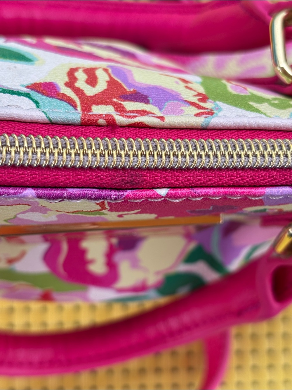 Betsey Johnson Hot Pink Floral Satchel with Gold Chain - Picture 12 of 12